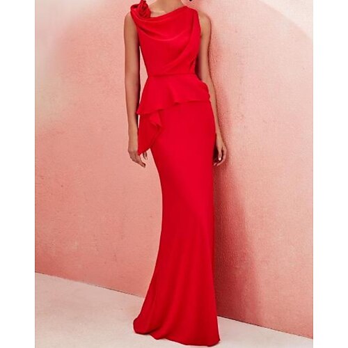 

Sheath / Column Evening Dresses Minimalist Dress Wedding Guest Floor Length Sleeveless Jewel Neck Chiffon Satin with Sleek 2022 / Formal Evening