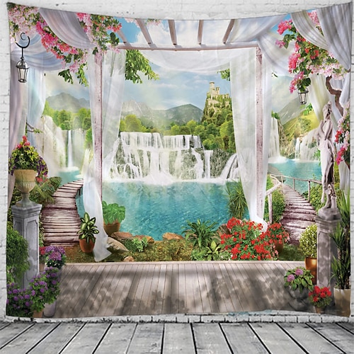 

Window Landscape Wall Tapestry Art Decor Blanket Curtain Hanging Home Bedroom Living Room Decoration Waterfall Lake River Garden