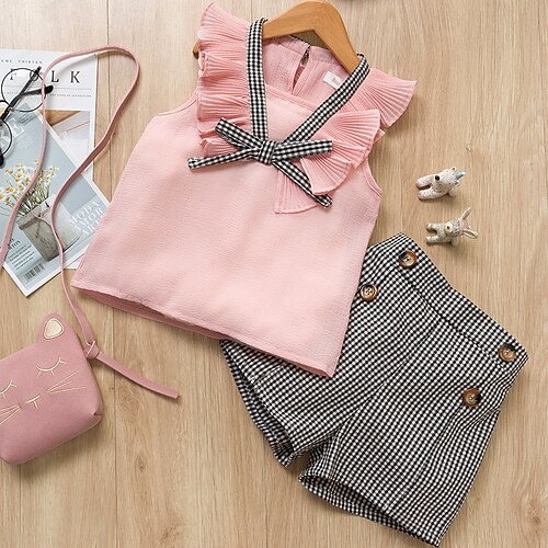 

2 Pieces Kids Girls' Clothing Set Outfit Sleeveless Bow Set Active Pink White