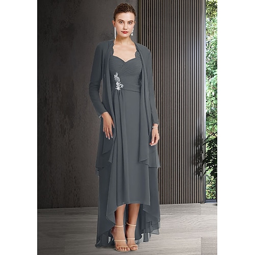 

Two Piece Sheath / Column Mother of the Bride Dress Elegant Bateau Neck Asymmetrical Chiffon Lace 3/4 Length Sleeve Jacket Dresses with Draping Crystal Brooch 2022