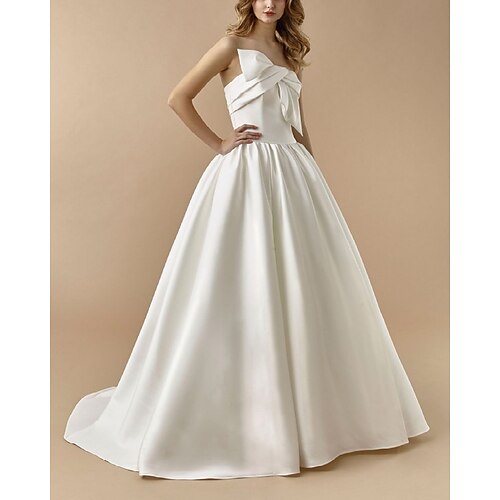 

A-Line Wedding Dresses Strapless Floor Length Satin Sleeveless Simple with Bow(s) 2022