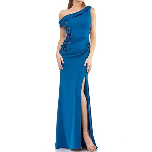 

Mermaid / Trumpet Evening Dresses Sexy Dress Wedding Guest Floor Length Sleeveless One Shoulder Satin with Slit Appliques 2022 / Formal Evening