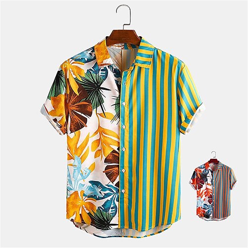 Men's Shirt Other Prints Striped Plants Turndown Daily Outdoor Button-Down Print Short Sleeve Tops Casual Hawaiian Red Yellow / Summer