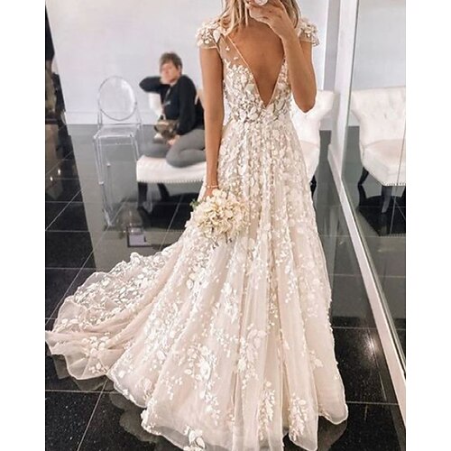 

A-Line Wedding Dresses V Neck Sweep / Brush Train Lace Tulle Sleeveless Country Sexy with Appliques 2022
