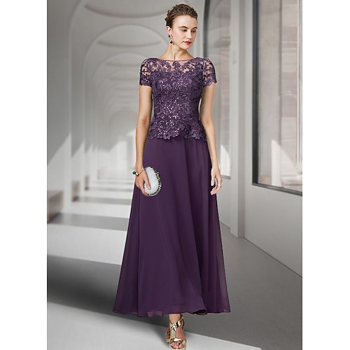 

A-Line Mother of the Bride Dress Elegant Jewel Neck Ankle Length Chiffon Lace Short Sleeve with Pleats Appliques 2022