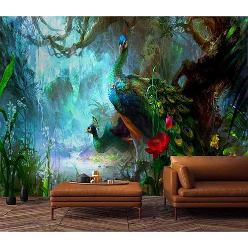 

Mural Wallpaper Wall Sticker Covering Print Peel and Stick Removable Bamboo Peacock Bird Canvas Home Décor