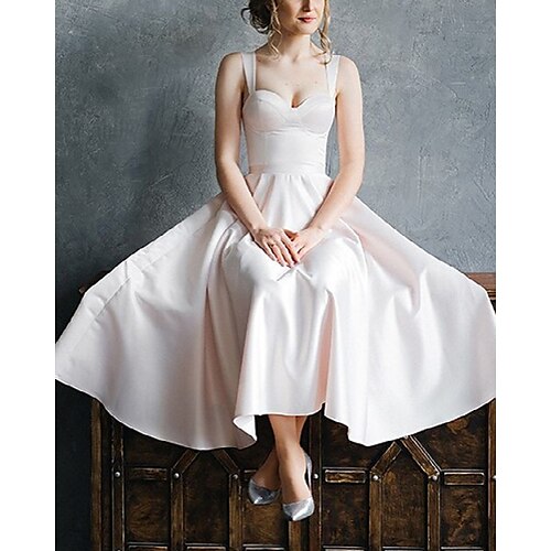 

A-Line Wedding Dresses V Neck Ankle Length Italy Satin Sleeveless Simple Vintage Little White Dress with Pleats 2022