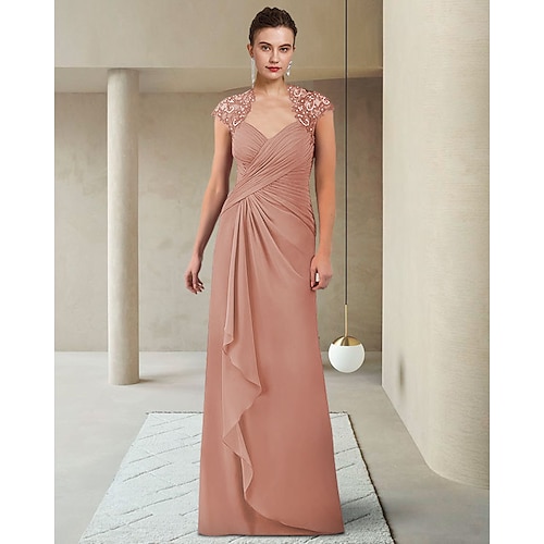 

Sheath / Column Mother of the Bride Dress Elegant V Neck Floor Length Chiffon Lace Short Sleeve with Beading Ruching 2022