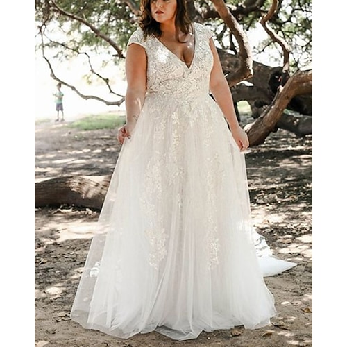 

A-Line Wedding Dresses V Neck Floor Length Lace Tulle Short Sleeve Romantic Beach Plus Size with Pleats Appliques 2022