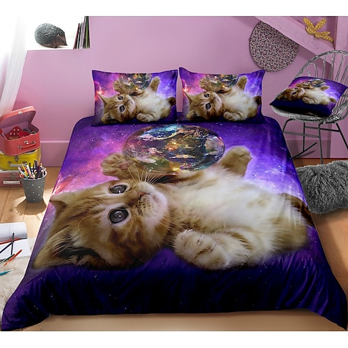 

Duvet Cover Set 3D Cat Print, 3-Piece Bedding Sets Comforter Cover Soft Lightweight Microfiber Bedspread Cover for Holiday Party Decoration (Include 1 Duvet Cover and 1or 2 Pillowcases)