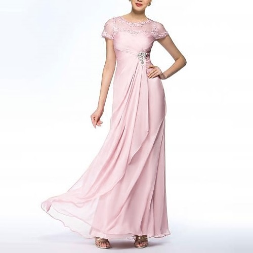 

Sheath / Column Evening Dresses Empire Dress Wedding Guest Floor Length Short Sleeve Jewel Neck Chiffon with Ruched Crystals Appliques 2022 / Formal Evening
