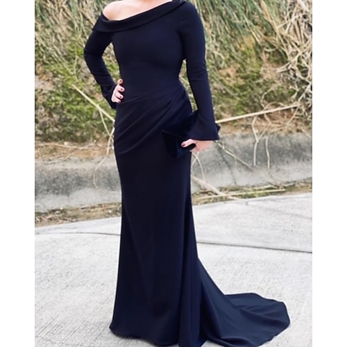 

Mermaid / Trumpet Minimalist Elegant Wedding Guest Formal Evening Dress One Shoulder Long Sleeve Sweep / Brush Train Satin with Draping 2022