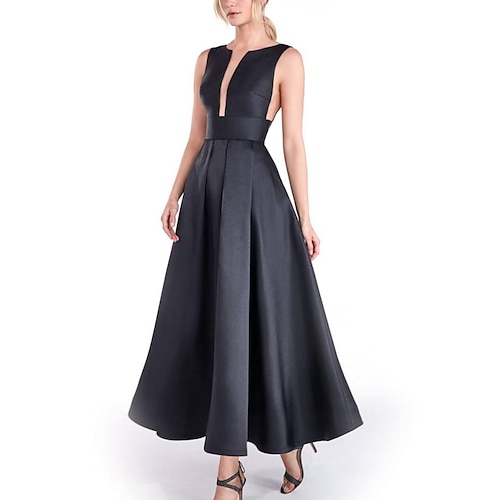 

A-Line Minimalist Elegant Engagement Formal Evening Dress Jewel Neck Sleeveless Ankle Length Stretch Satin with Pleats 2022