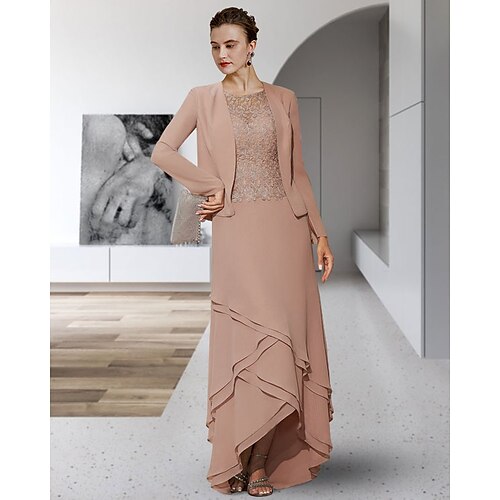 

Two Piece A-Line Mother of the Bride Dress Elegant Jewel Neck Asymmetrical Chiffon Lace Sleeveless with Tier Appliques 2022