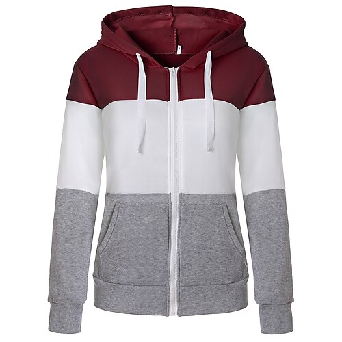 

Women's Hoodie Zip Hoodie Sweatshirt Pullover Active Streetwear Patchwork Zipper Front Pocket Wine Red Black Gray Color Block Daily Hooded Long Sleeve S M L XL XXL