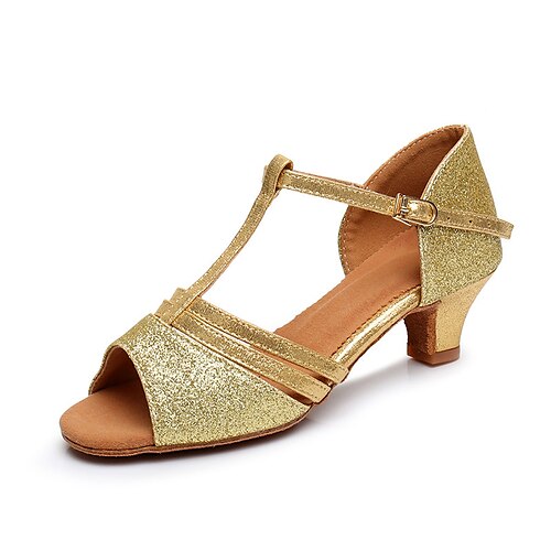 

Girls' Latin Shoes Dance Shoes Stage Indoor Professional Basic Heel Glitter Thick Heel Buckle Children's Dark Brown Black Silver / Satin