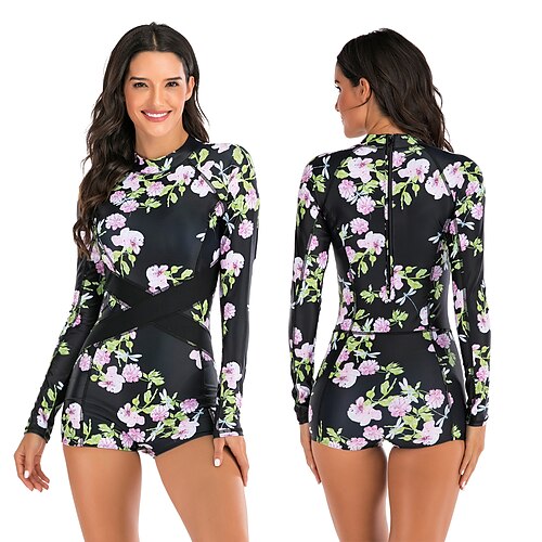 

Women's One Piece Swimsuit Rash Guard Elastane Bodysuit Bathing Suit UV Sun Protection UPF50 Breathable Stretchy Long Sleeve Back Zip - Swimming Surfing Beach Water Sports Floral Autumn / Fall