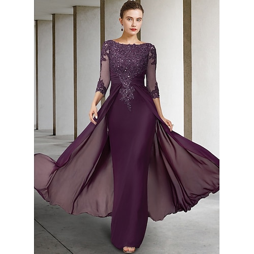 

Sheath / Column Mother of the Bride Dress Formal Elegant Sparkle & Shine Jewel Neck Asymmetrical Floor Length Chiffon Lace 3/4 Length Sleeve with Sequin Appliques 2023