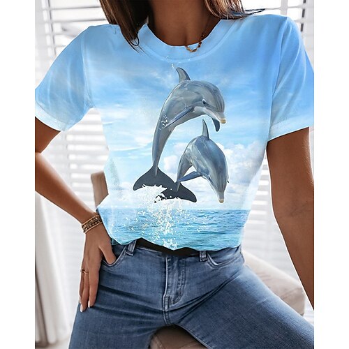 

T shirt Tee Femme Bleu Graphic 3D Imprimer Manche Courte Vacances Fin de semaine basique Plage Col Rond Normal Standard 3D S