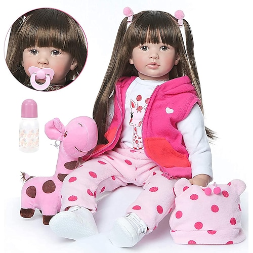

24 inch Reborn Doll Baby Girl lifelike Cute Artificial Implantation Brown Eyes Cloth 3/4 Silicone Limbs and Cotton Filled Body with Clothes and Accessories for Girls' Birthday and Festival Gifts