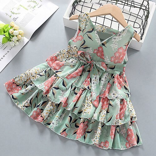 

Kids Girls' Dress Floral Dress Ruffle Cotton Sleeveless Basic Dress Green Yellow