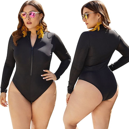 

Women's Rash Guard One Piece Swimsuit SPF50 UV Sun Protection UPF50 Long Sleeve Bodysuit Bathing Suit Front Zip Swimming Surfing Beach Water Sports Solid Colored Autumn / Fall Spring Summer