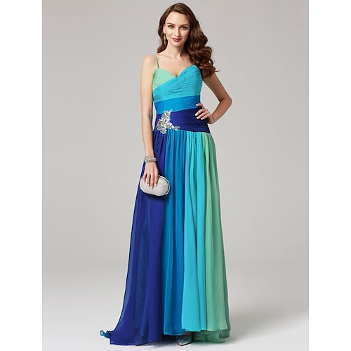 

A-Line Color Block Wedding Guest Formal Evening Dress Sweetheart Neckline Backless Sleeveless Sweep / Brush Train Chiffon with Pleats Ruched Crystals 2022 / Color Gradient