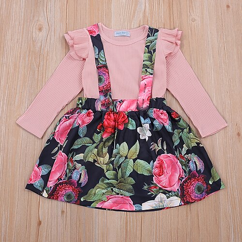 

Kids Girls' Dress Plain Flower Strap Dress School Daily Drawstring Pink Knee-length Long Sleeve Casual Princess Dresses Spring Fall Regular Fit 2pcs 2-6 Years