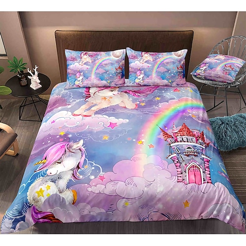 

Ensembles de literie avec housse de couette à imprimé licorne 3D Housse de couette avec 1 housse de couette ou couvre-lit, 1 feuille, 2 taies d'oreiller pour double/reine/roi (1 taie d'oreiller pour