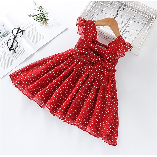 

Kids Girls' Dress Polka Dot Sundress Dress Mesh Cotton Sleeveless Basic Dress Red