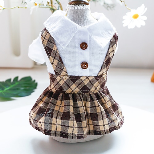 

Pet Skirt Pet Clothes Couple Wear Dog Cat Clothes Coffee Grid Student Overalls Skirt for Small And Medium Dog Clothes