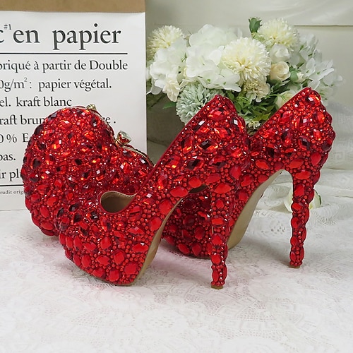 

Women's Wedding Shoes Wedding Party & Evening Wedding Heels Bridesmaid Shoes Shoes And Bags Matching Sets Rhinestone Crystal Pumps Round Toe Vintage Luxurious Sexy PU Loafer Solid Colored Red