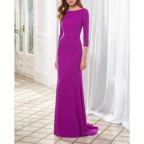 

Sheath / Column Mother of the Bride Dress Elegant Jewel Neck Floor Length Chiffon Half Sleeve with Pleats 2022