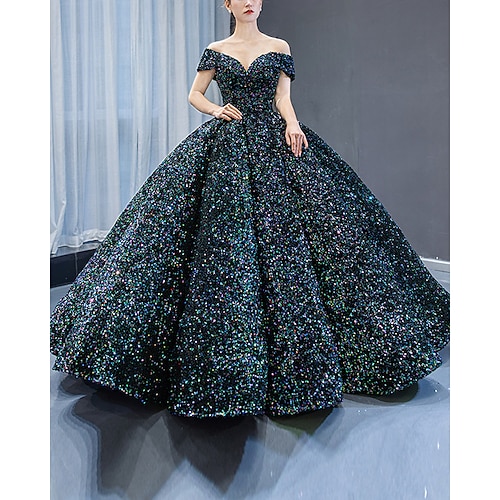

Ball Gown Luxurious Sparkle Quinceanera Formal Evening Birthday Dress Off Shoulder Sleeveless Floor Length Sequined with Pleats Sequin 2022
