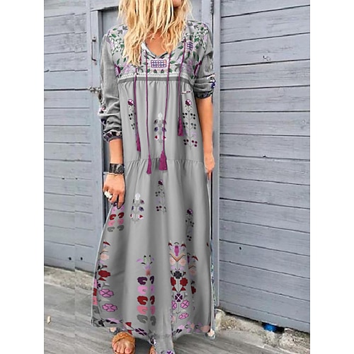 

Women's Swing Dress Maxi long Dress Blue Gray Red Brown 3/4 Length Sleeve Print Lace up Print Spring Summer Boho Holiday Loose 2022 S M L XL XXL 3XL 4XL 5XL