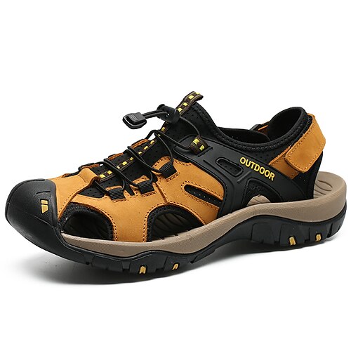 

Men's Sandals Sporty Outdoor Leather Dark Brown Black Yellow Spring