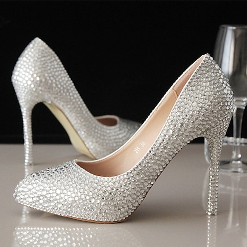 

Women's Wedding Shoes Wedding Party & Evening Wedding Heels Bridesmaid Shoes Rhinestone Crystal Stiletto Heel Pointed Toe Vintage Luxurious Sexy PU Loafer Solid Colored Silver