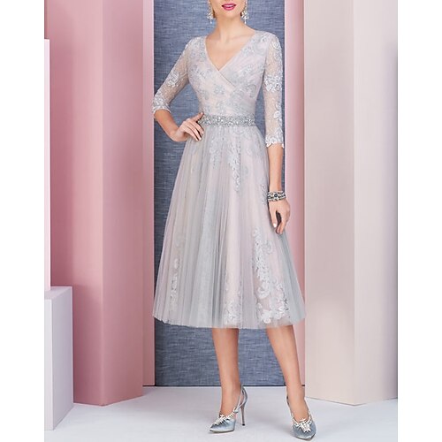 

A-Line Mother of the Bride Dress Elegant V Neck Tea Length Lace Tulle 3/4 Length Sleeve with Sash / Ribbon Pleats Appliques 2022