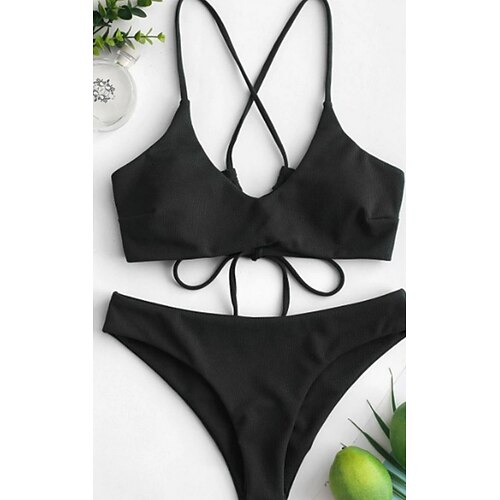 

Mulheres Roupa de Banho Biquíni Tankini 2 partes Normal roupa de banho Com tiras Sem costas Côr Sólida Verde Preto Azul Verde Tropa Vermelho Malha Íntima Decote em V-wire Fatos de banho novo Clássico