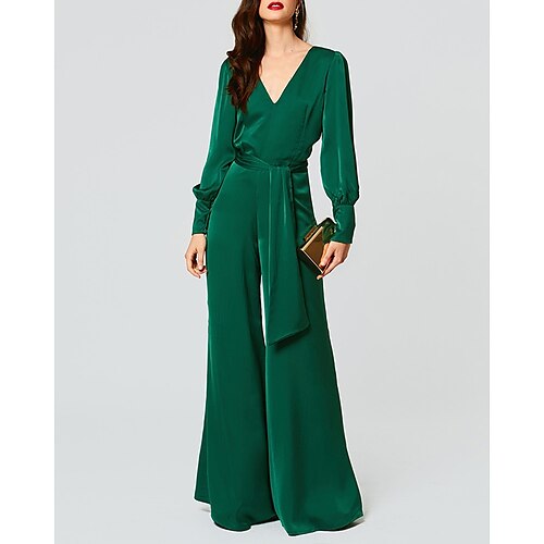 

Jumpsuit / Pantsuit Kveldskjoler Vakker rygg Kjole Jul Gulvlengde Langermet V-hals Sateng med Belte / bånd 2023