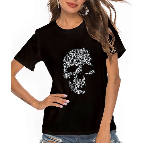 

Women's T shirt Tee Black Graphic Skull Print Short Sleeve Holiday Weekend Basic Round Neck Regular S