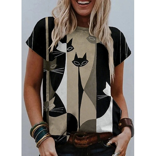 

Women's T shirt Tee Black Graphic Cat Print Short Sleeve Daily Weekend Basic Round Neck Regular S / 3D Print