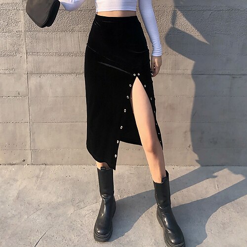 

Women's Fashion Calf-Length Skirts Casual / Daily Weekend Solid Colored Split Black S M L