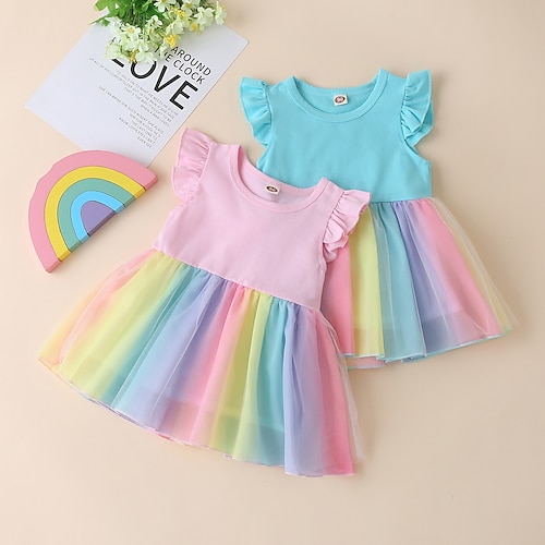 

Kids Girls' Dress Solid Colored Sundress Above Knee Dress Mesh Cotton Short Sleeve Sweet Dress 3-10 Years Blue Pink