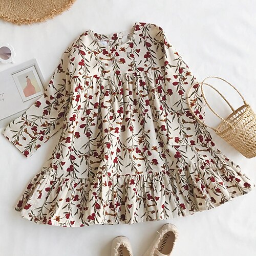 

Kids Girls' Dress Graphic Above Knee Dress Daily Ruffle Cotton Long Sleeve Basic Dress 2-8 Years Spring Beige
