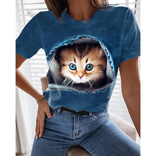 女性用 Tシャツ ブラック ブルー ライトブルー グラフィック 猫 プリント 半袖 日常 週末 ベーシック ラウンドネック レギュラー 3D猫 S