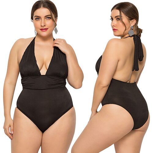 

Women's One Piece Swimsuit Deep V Bodysuit Bathing Suit Solid Colored Swimwear Black Breathable Quick Dry Comfortable Sleeveless - Swimming Surfing Beach Summer Plus Size / Elastane