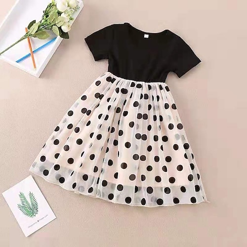 

Kids Girls' Dress Polka Dot Midi Dress Print Cotton Short Sleeve Cute Dress Black