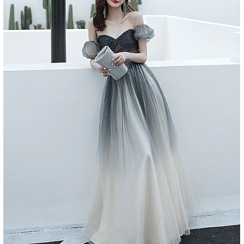 

A-Line Prom Dresses Color Block Dress Engagement Floor Length Short Sleeve Off Shoulder Tulle with Pleats Beading Sequin 2022 / Puff Balloon Sleeve