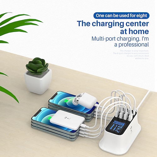 

Multiple USB Charger 8-Port Desktop Charging Station with Quick Charge 3.0 USB Port Type C Port and LCD Display for Smart Phones Tablet and More